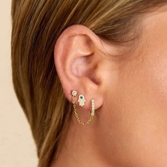 Green Double Piercing Pave Huggies w/ Chain Tassel Zirconia Pave Huggie Stud - Picture 4 of 7